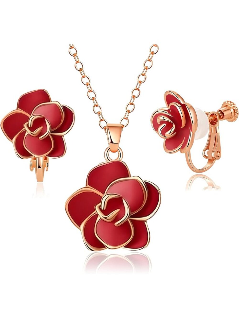 Dainty Rose Pendant Necklace & Clip-On Earrings Set for Women - Elegant Jewelry